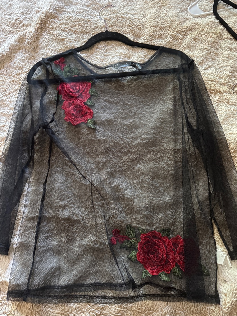 Potter's Pot Black Sheer Mesh Top with Red Rose Appliqué